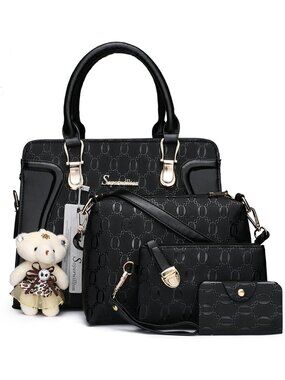 Women's A-Black 4Pc Handbag Set Tote Shoulder Satchel Purse with Bear Charm